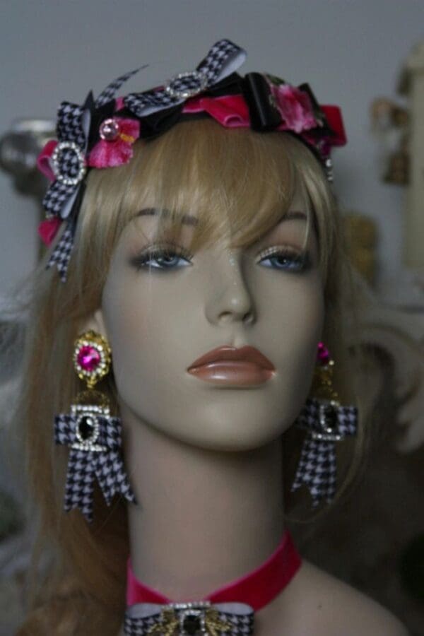 SOLD! 1570 Designer Inspired Houndstooth Fuchsia Crystal Bow Headband - Image 9
