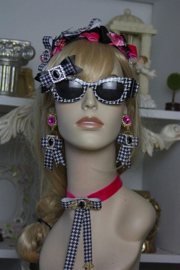 SOLD! 1570 Designer Inspired Houndstooth Fuchsia Crystal Bow Headband - Image 8