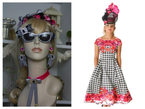 SOLD! 1570 Designer Inspired Houndstooth Fuchsia Crystal Bow Headband - Image 2