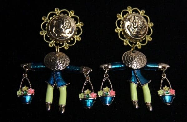SOLD! 1584 Roman Coin Sicilian Enamel Figure Flower Studs Earrings