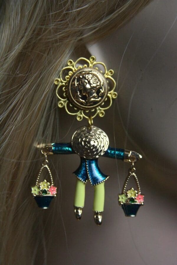 SOLD! 1584 Roman Coin Sicilian Enamel Figure Flower Studs Earrings - Image 2