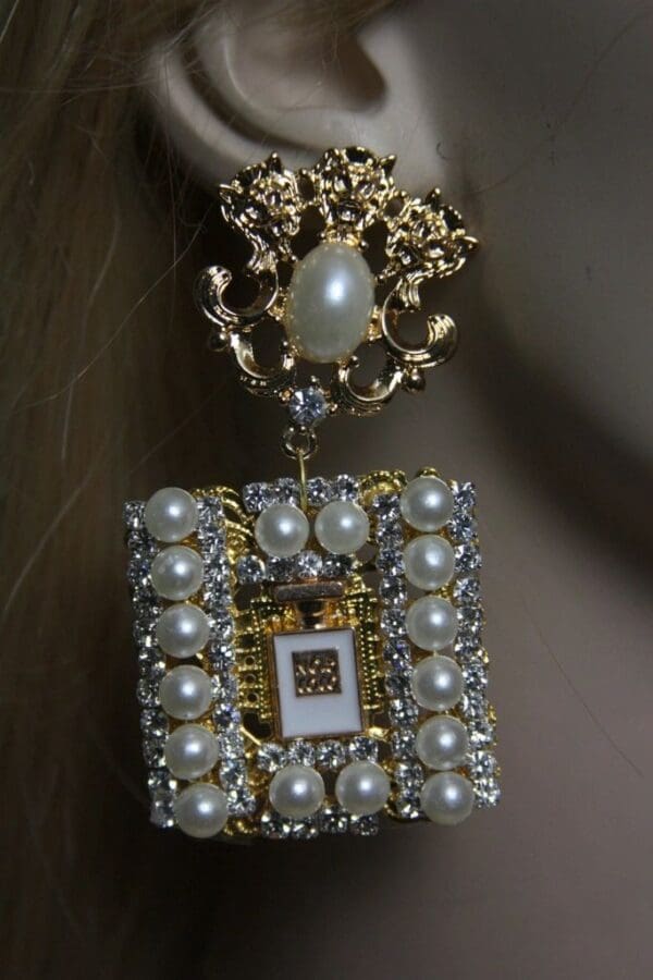 SOLD!1587 Madam Coco Perfume Bottle Lion Pearl Crystal Studs Earrings - Image 5
