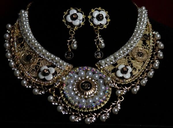 SOLD! 1597 Chanel Repurposed Button Pearl Crystal Filigree SET