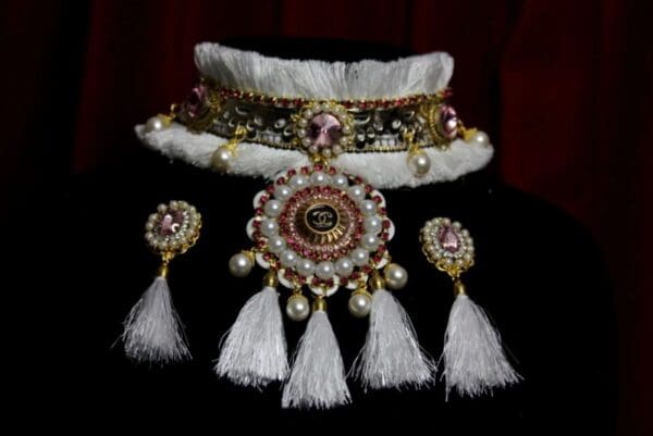SOLD! 1599 Repurposed Chanel Button Snow Queen Tassel Choker SET