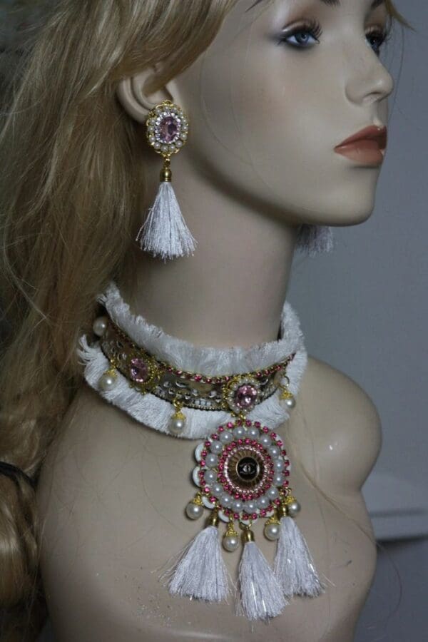 SOLD! 1599 Repurposed Chanel Button Snow Queen Tassel Choker SET - Image 6