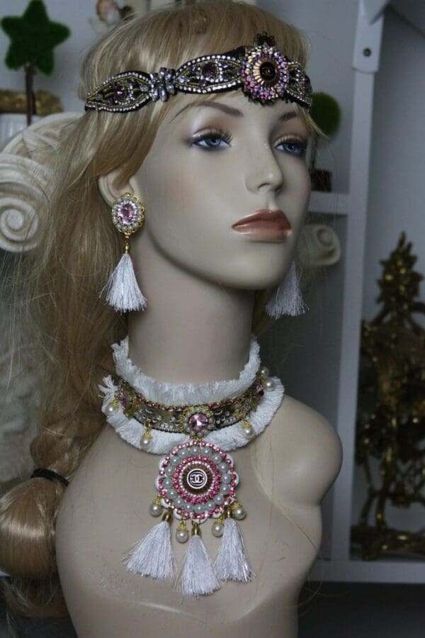SOLD! 1599 Repurposed Chanel Button Snow Queen Tassel Choker SET - Image 3