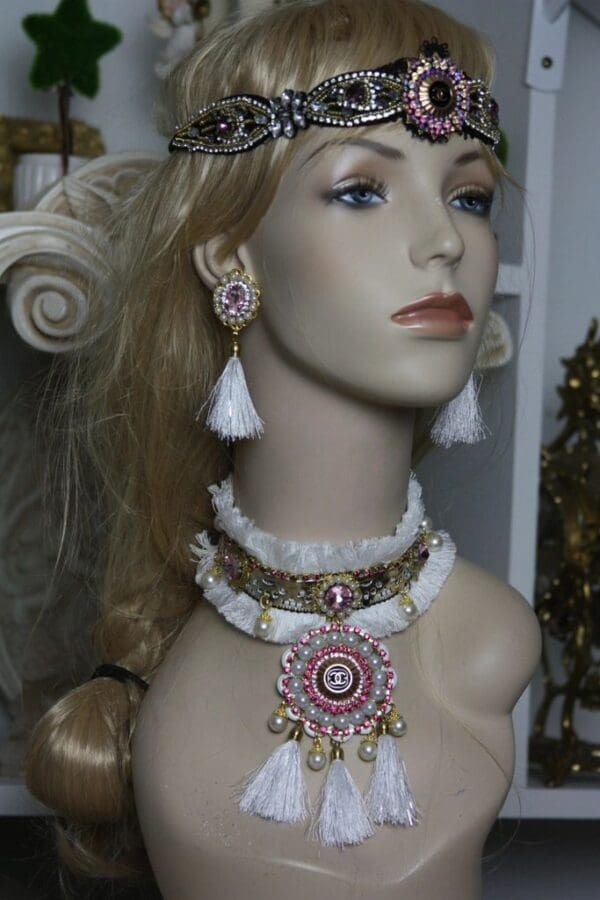 SOLD! 1599 Repurposed Chanel Button Snow Queen Tassel Choker SET - Image 4