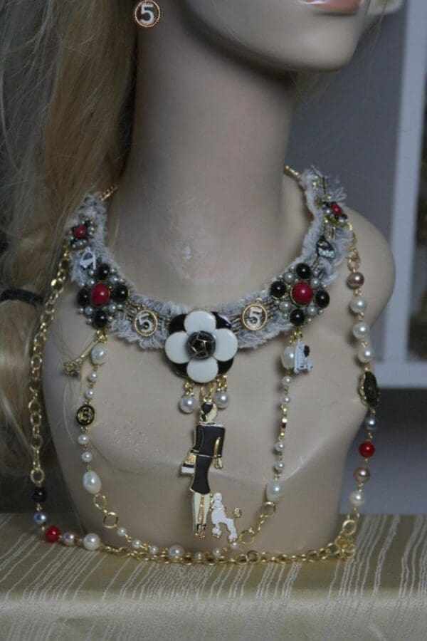 SOLD! 1615 Madam Coco Inspired Tweed Camellia Enamel Lady Necklace SET - Image 3