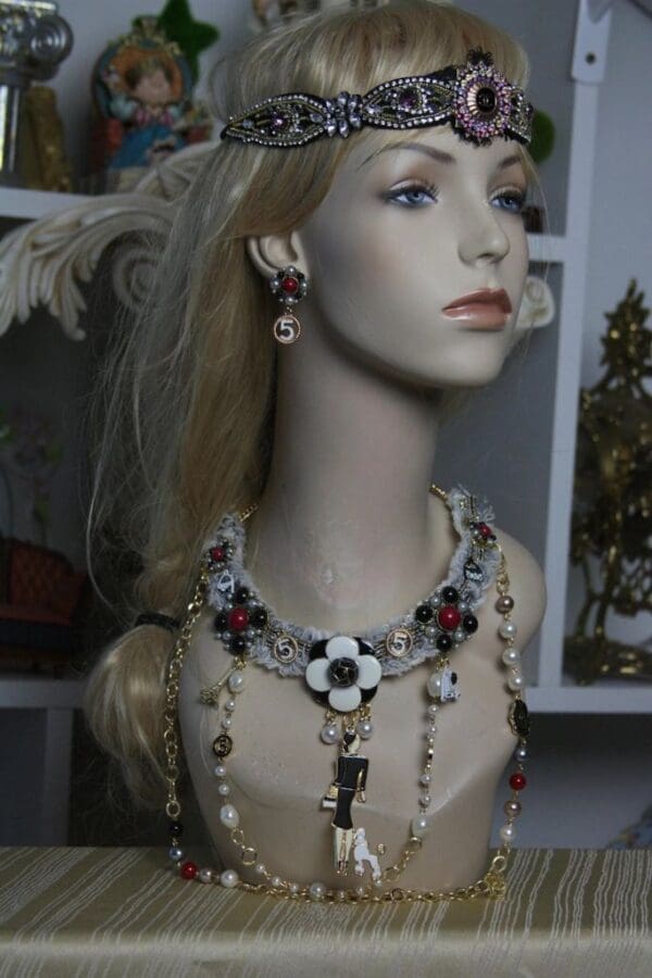 SOLD! 1615 Madam Coco Inspired Tweed Camellia Enamel Lady Necklace SET - Image 6