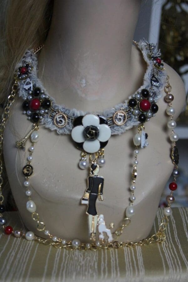 SOLD! 1615 Madam Coco Inspired Tweed Camellia Enamel Lady Necklace SET - Image 5