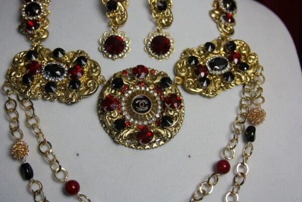 1617 Repurposed Chanel Vintage Button Baroque Style Chained Necklace Set - Image 8
