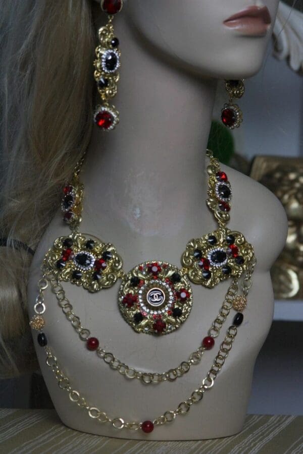 1617 Repurposed Chanel Vintage Button Baroque Style Chained Necklace Set - Image 3