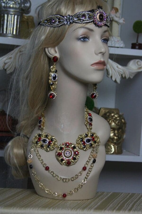 1617 Repurposed Chanel Vintage Button Baroque Style Chained Necklace Set - Image 6