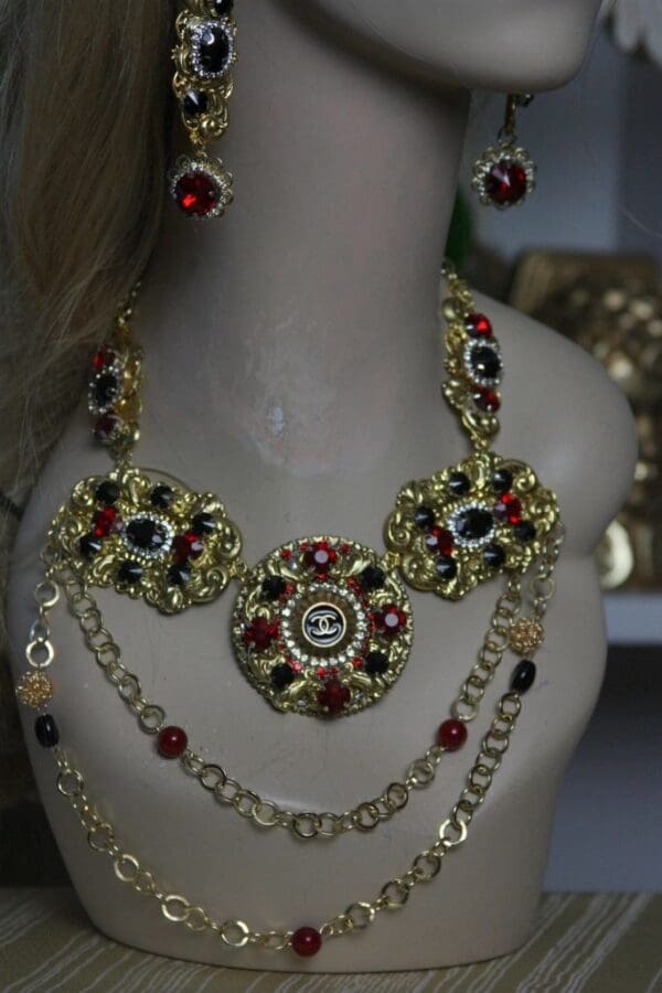 1617 Repurposed Chanel Vintage Button Baroque Style Chained Necklace Set - Image 2