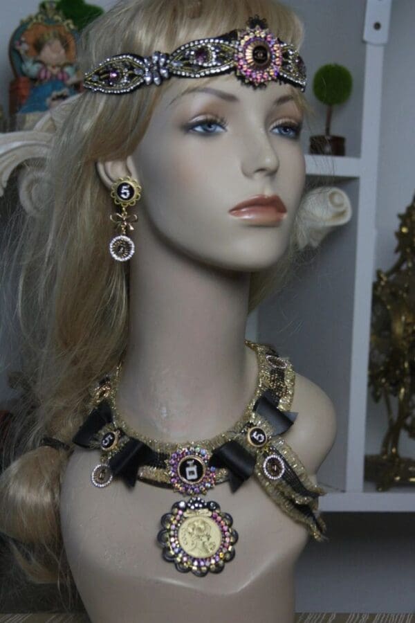 SOLD! 1620 Madam Coco Inspired Gold Medalion Black Crystal SET - Image 2