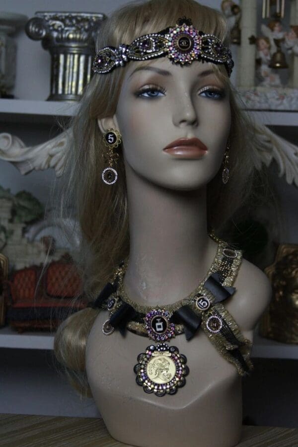 SOLD! 1620 Madam Coco Inspired Gold Medalion Black Crystal SET - Image 4
