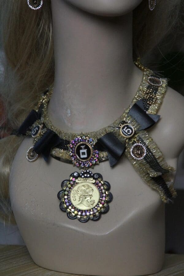 SOLD! 1620 Madam Coco Inspired Gold Medalion Black Crystal SET - Image 6