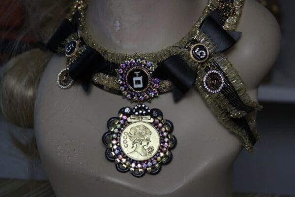 SOLD! 1620 Madam Coco Inspired Gold Medalion Black Crystal SET - Image 5
