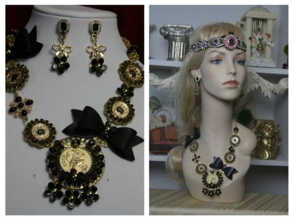 SOLD!1642 Madam Coco Bow Gold Medallion Brooch SET