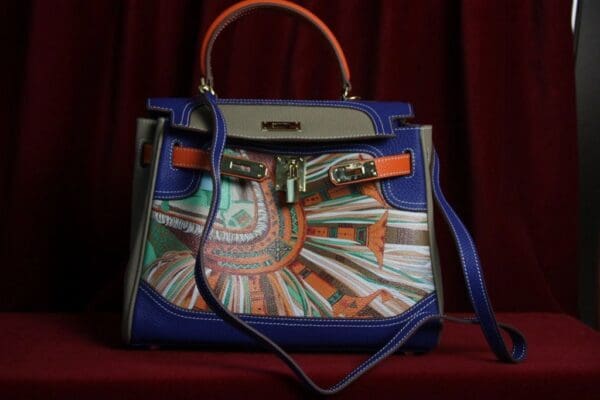 SOLD!1669 Rare Print Orange Blue Crossbody Handbag