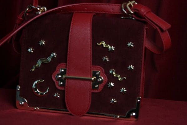 SOLD! 1670 Designer Inspired Galaxy Embellished Vine Red Faux Suede Crossbody Handbag - Image 6