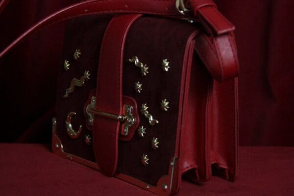 SOLD! 1670 Designer Inspired Galaxy Embellished Vine Red Faux Suede Crossbody Handbag - Image 3