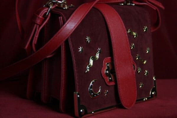 SOLD! 1670 Designer Inspired Galaxy Embellished Vine Red Faux Suede Crossbody Handbag - Image 4