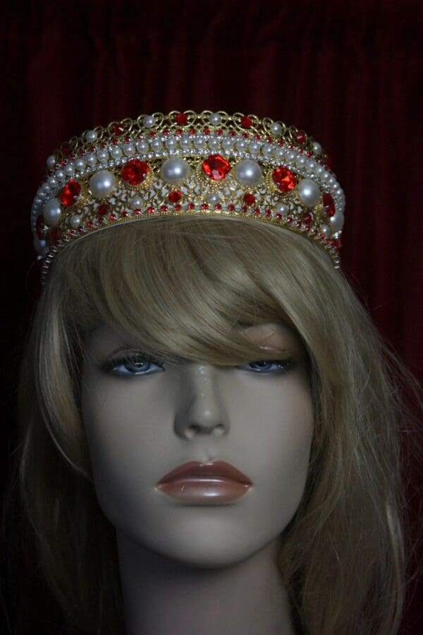 SOLD! 1695 Russian Style Red Crystal Pearl Gold Filigree Headband - Image 2
