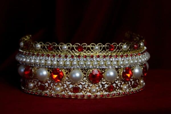 SOLD! 1695 Russian Style Red Crystal Pearl Gold Filigree Headband - Image 3
