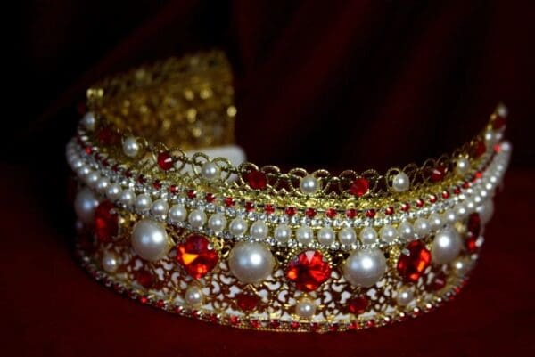 SOLD! 1695 Russian Style Red Crystal Pearl Gold Filigree Headband - Image 4