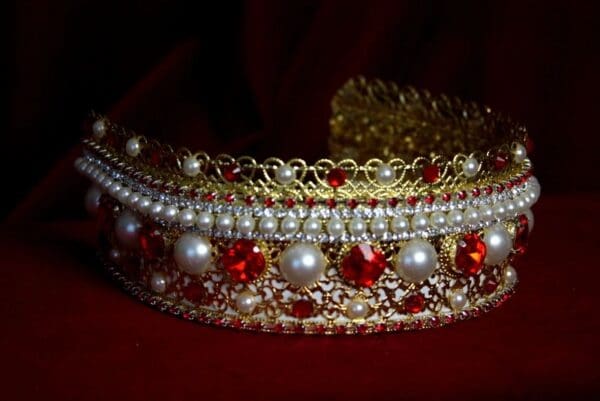 SOLD! 1695 Russian Style Red Crystal Pearl Gold Filigree Headband - Image 5
