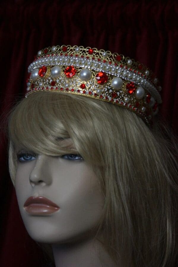 SOLD! 1695 Russian Style Red Crystal Pearl Gold Filigree Headband - Image 6