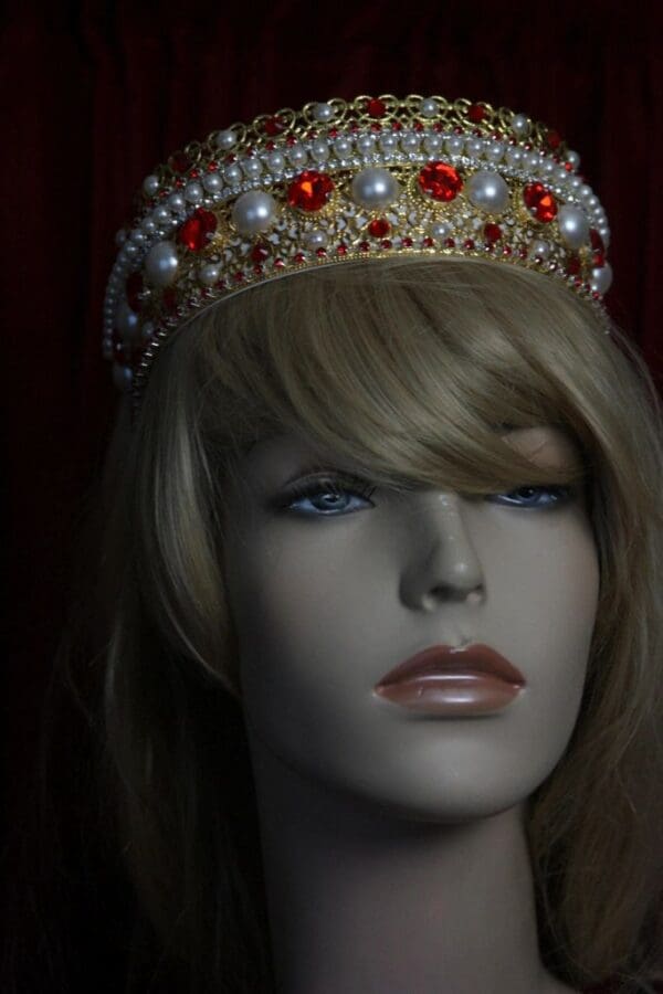 SOLD! 1695 Russian Style Red Crystal Pearl Gold Filigree Headband - Image 7