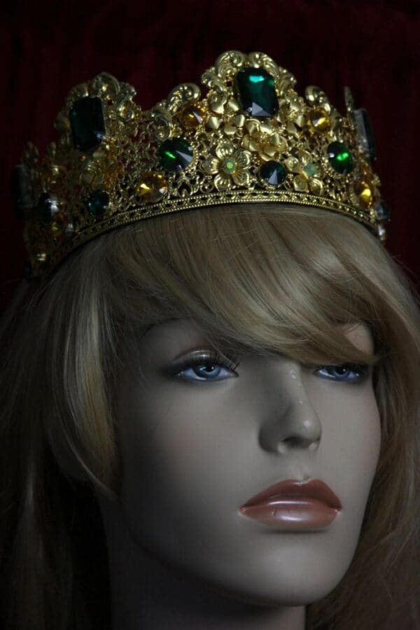 SOLD! 1698 Baroque Filigree Green Crystal Flower Tall Crown Headband - Image 4