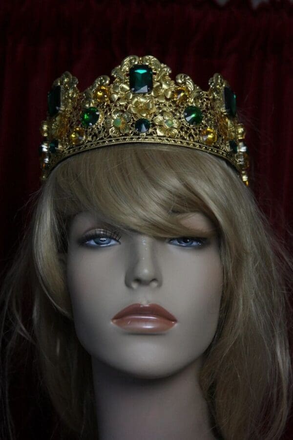 SOLD! 1698 Baroque Filigree Green Crystal Flower Tall Crown Headband - Image 5
