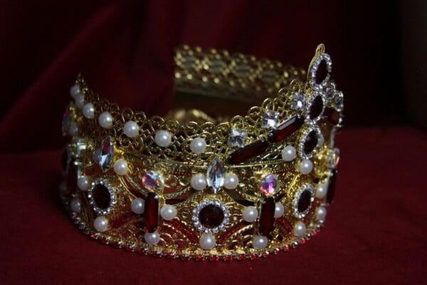 SOLD! 1700 Baroque Alta Moda 2017 Tall Red Crystal Pearl Crown Headband - Image 4