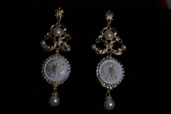SOLD! 1748 White Eagle Button Pearl Dangle Earrings Studs - Image 3