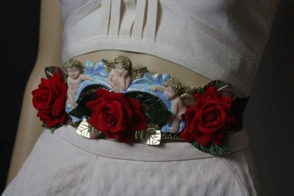 SOLD! 1755 Baroque Cherubs Velvet Red Rose Embellished Waist Belt - Image 4