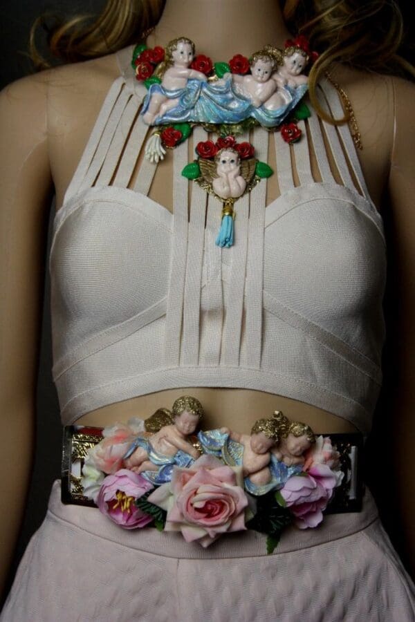 SOLD! 1756 Baroque Vivid Cherubs Pale Velvet Rose Embellished Belt - Image 2