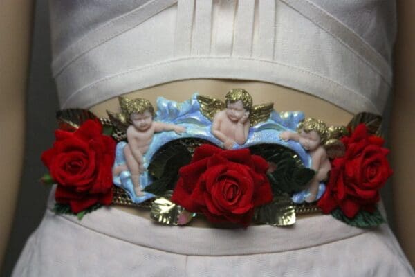 SOLD! 1755 Baroque Cherubs Velvet Red Rose Embellished Waist Belt - Image 7