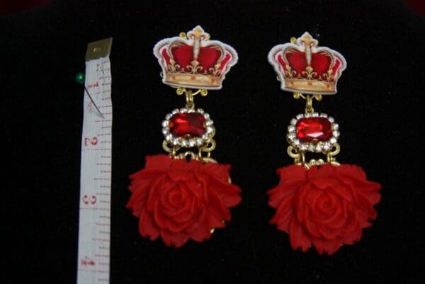 SOLD! 1766 Baroque Crown Massive Red Rose Crystal Earrings - Image 2