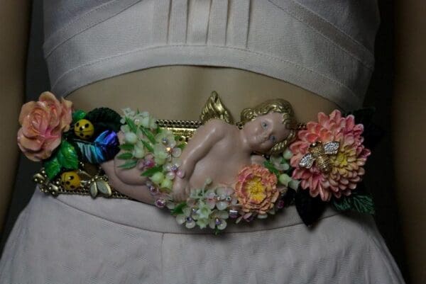 SOLD! 1769 Stunning Vivid Cherub Hand Painted Flower Bee Flower Waist Belt