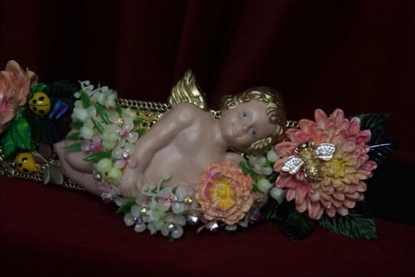 SOLD! 1769 Stunning Vivid Cherub Hand Painted Flower Bee Flower Waist Belt - Image 3