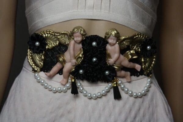 SOLD!1775 Total Baroque Vivid Cherubs Black Flower Pearl Waist Belt - Image 2