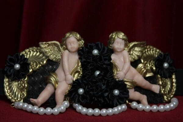 SOLD!1775 Total Baroque Vivid Cherubs Black Flower Pearl Waist Belt