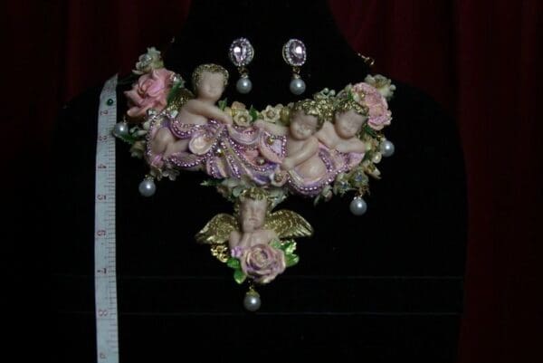 SOLD! 1777 Total Baroque Vivid Cherub Angels Flower Crystal Huge Necklace Set - Image 9