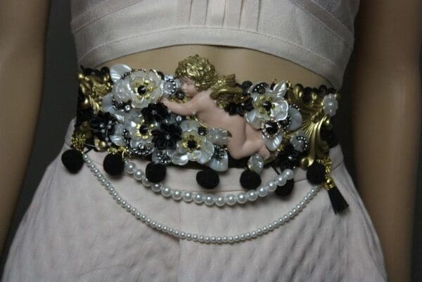 SOLD! 1790 Baroque Cherub Angel Pearl Flower Crystal Waist Belt - Image 6
