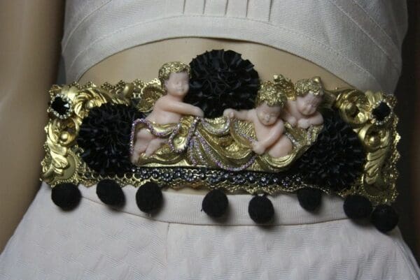 SOLD! 1792 Total Baroque Black Carnations Vivid Cherubs AngelsCrystal Waist Belt