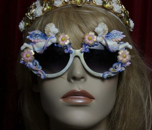 SOLD! 1819 Baroque Faced Cherubs Blue Flower Gold Touch Embellished Sunglasses