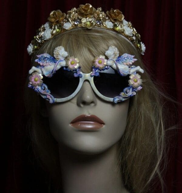 SOLD! 1819 Baroque Faced Cherubs Blue Flower Gold Touch Embellished Sunglasses - Image 2